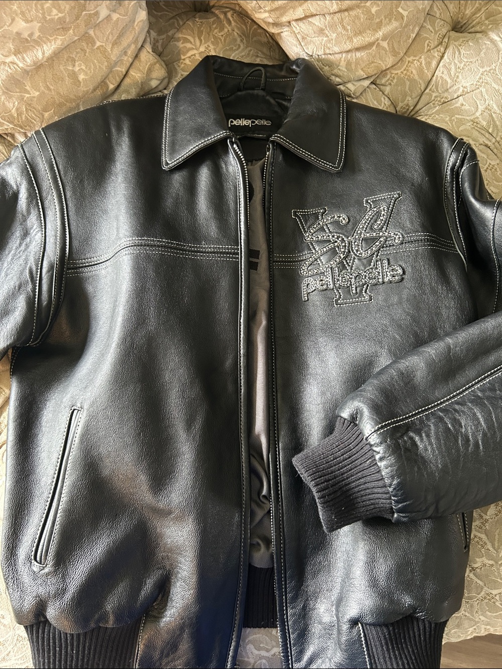Pelle Pelle Black Leather Varsity Bomber Jacket with Contrasting Stitch